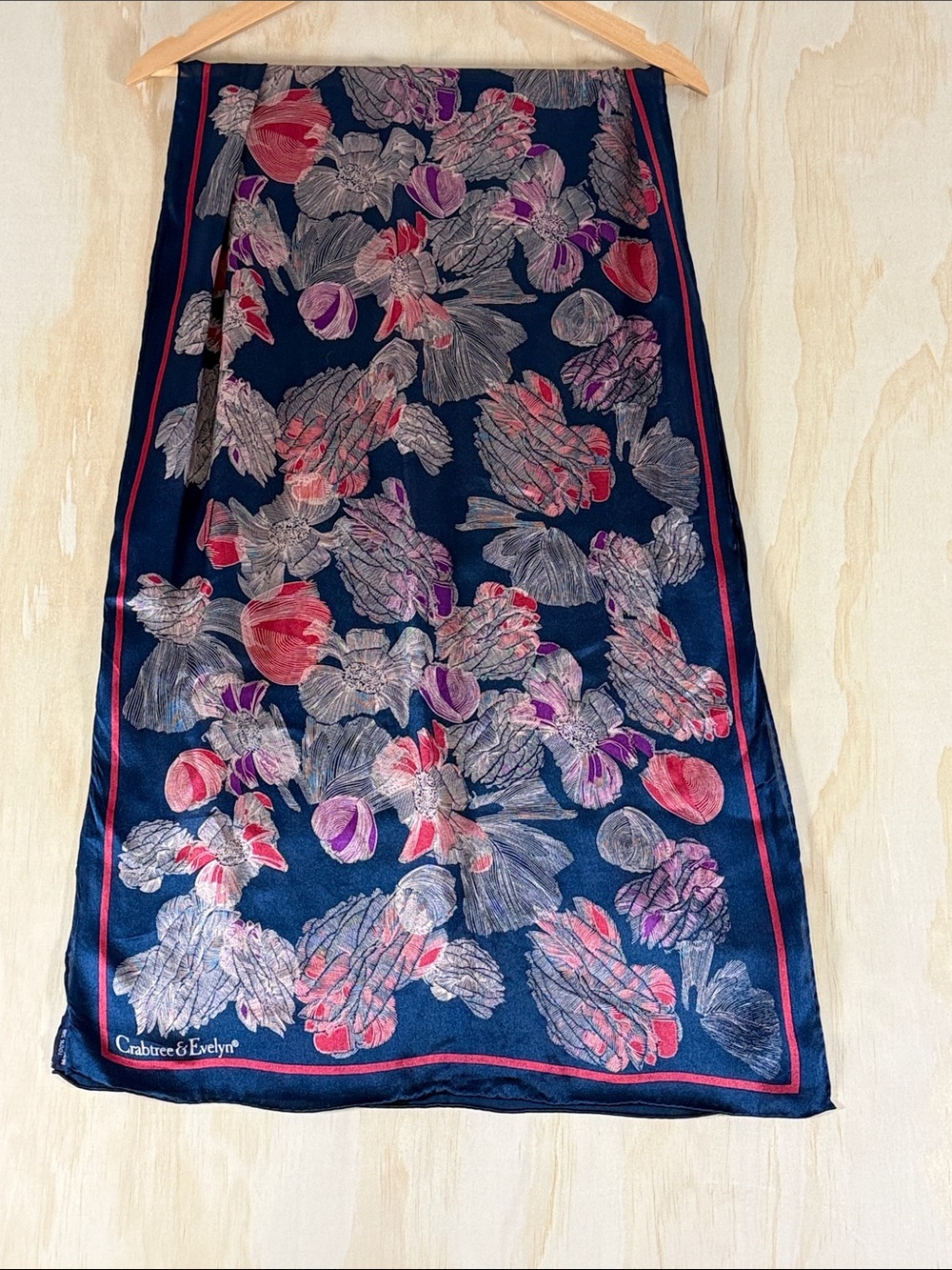 Crabtree & Evelyn Navy Silk Floral Scarf with Pink & Purple Accents
